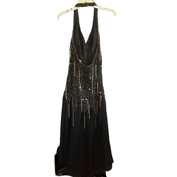 Vintage De Oscar Collection 100% Silk Beaded Fringe Halter Midi Dress Sz 8 EUC - Picture 7 of 16